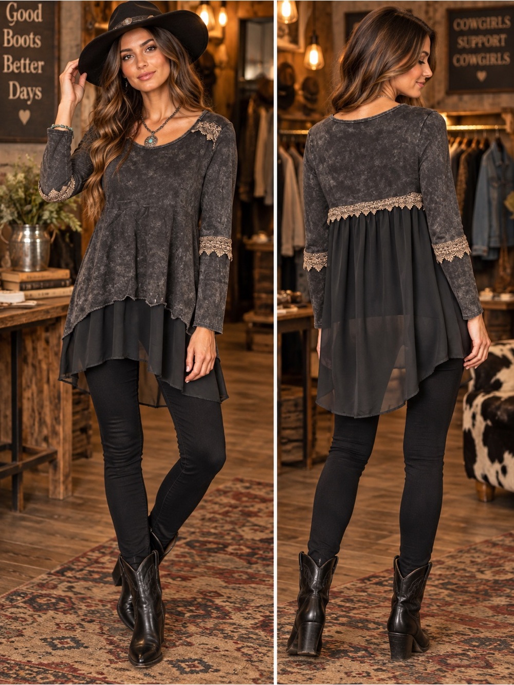 POL Charcoal Acid Wash Lace Trim Layered Tunic Top Small Boho
